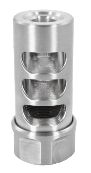 American Precision Arms Gen 2 Micro Bastard Self Timing stainless steel 6.5 caliber AR15 muzzle Brake features a 1/2"x28 thread